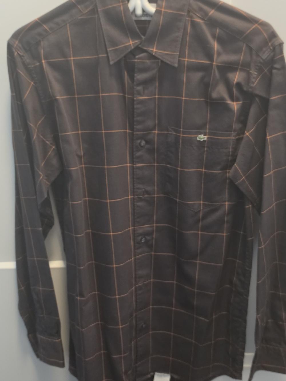 Lacoste Men's Black Shirt with Brown Windowpane Check
